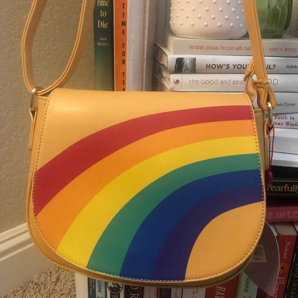 Camel colored purse with rainbow detail